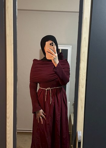 Bordo Drapeli Uzun Kollu Kadın Elbise - Görsel 5