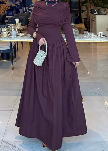 Bordo Drapeli Uzun Kollu Kadın Elbise - Görsel 3