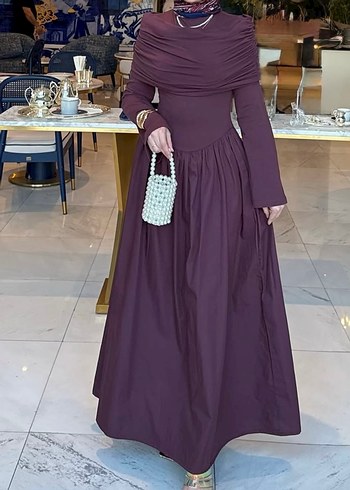 Bordo Drapeli Uzun Kollu Kadın Elbise - Görsel 2