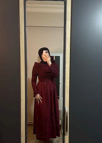 Bordo Drapeli Uzun Kollu Kadın Elbise - Görsel 6