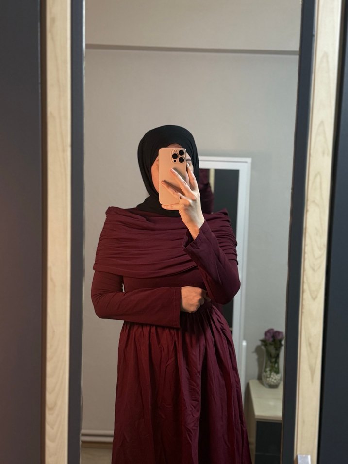 Bordo Drapeli Uzun Kollu Kadın Elbise - Görsel 4