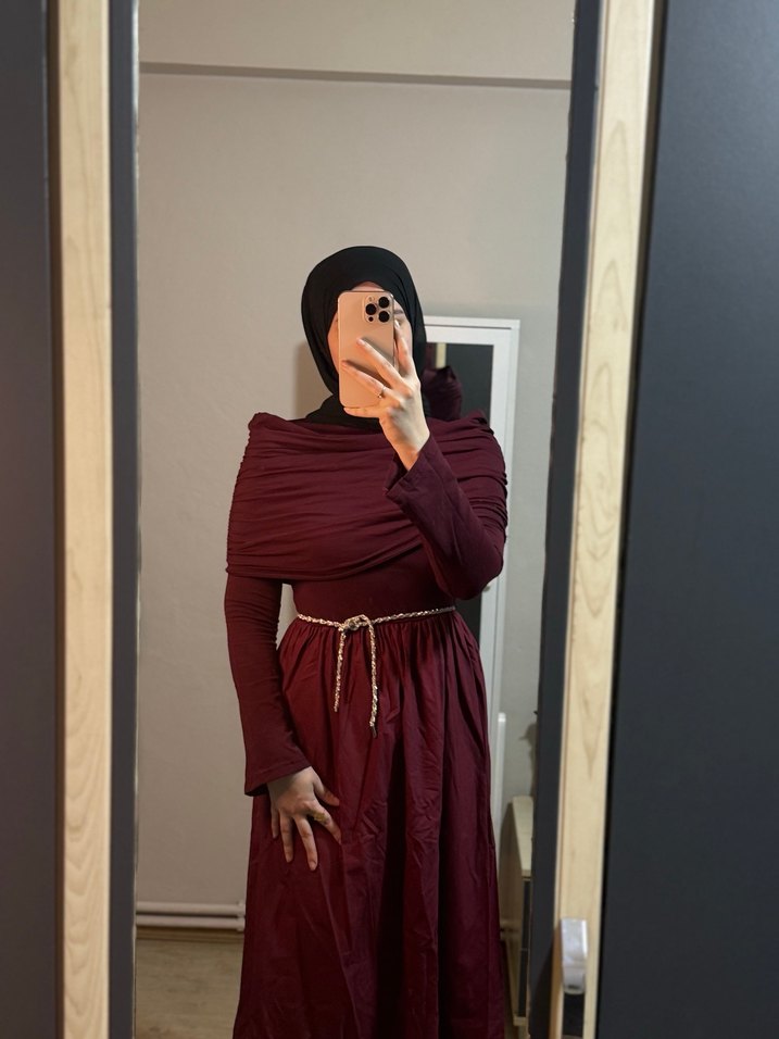 Bordo Drapeli Uzun Kollu Kadın Elbise - Görsel 5