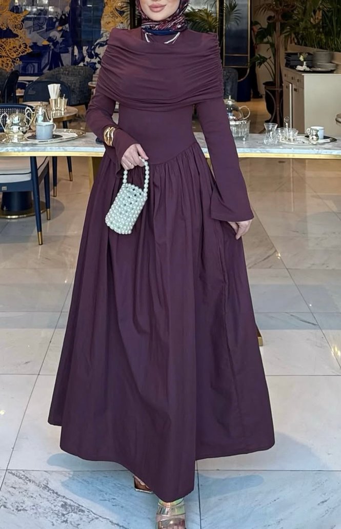 Bordo Drapeli Uzun Kollu Kadın Elbise - Görsel 3