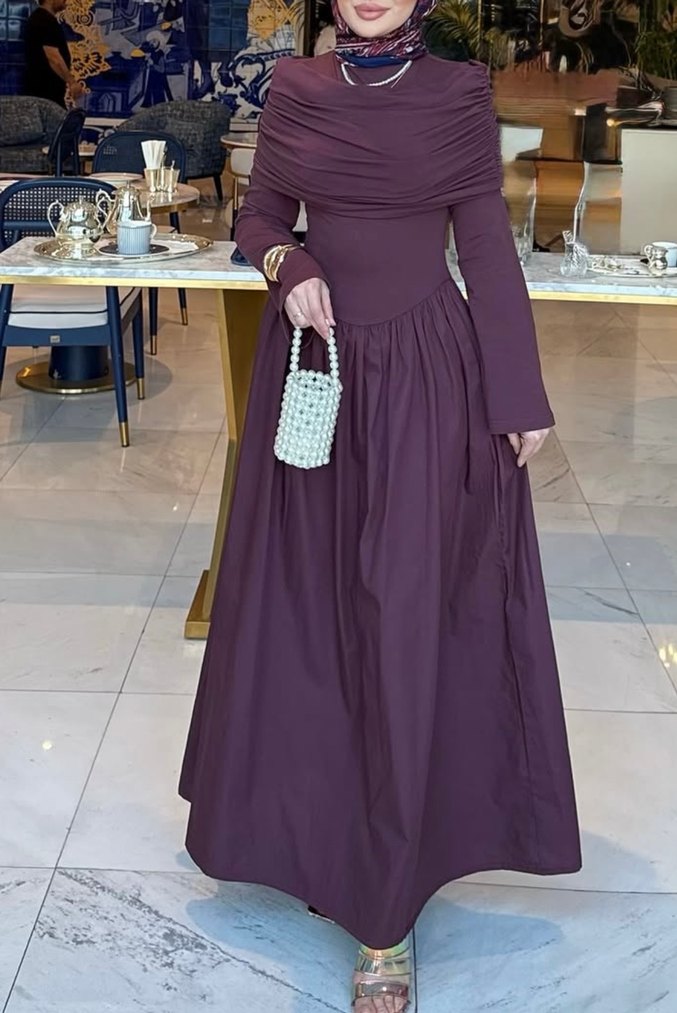 Bordo Drapeli Uzun Kollu Kadın Elbise - Görsel 2