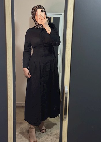 Düğmeli Siyah Uzun Kadın Elbise - Görsel 4