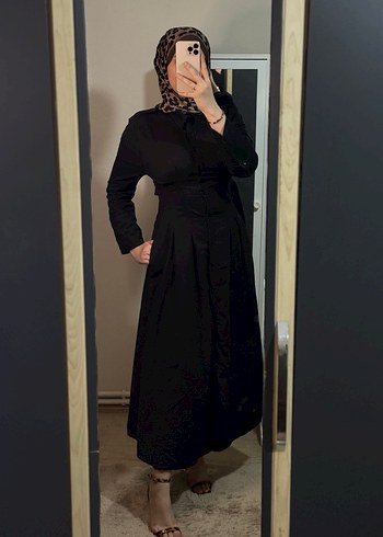 Düğmeli Siyah Uzun Kadın Elbise - Görsel 5