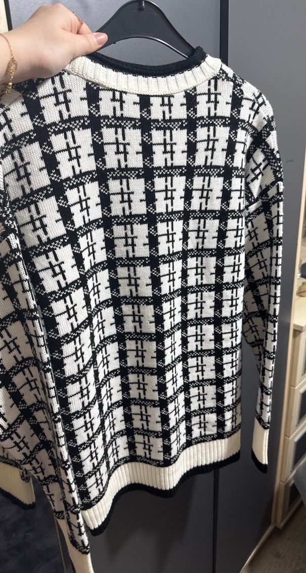 Kadın Beyaz Kareli Salaş Triko Kazak - Görsel 2