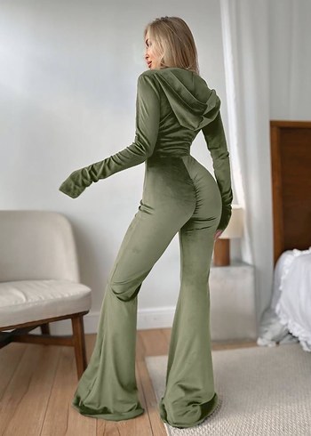 Kadın Fitilli Süet Kapüşonlu Tulum - Görsel 2