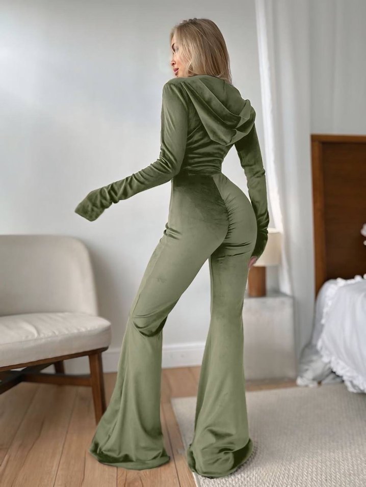 Kadın Fitilli Süet Kapüşonlu Tulum - Görsel 2