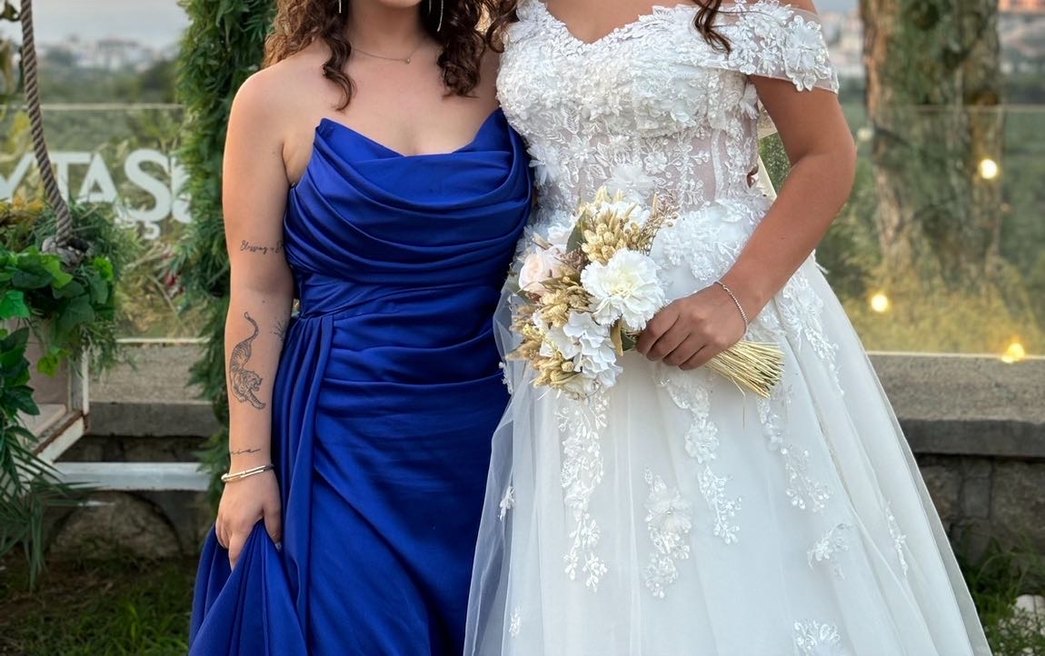 Mavi Straplez Drapeli Uzun Abiye Elbise - Görsel 4