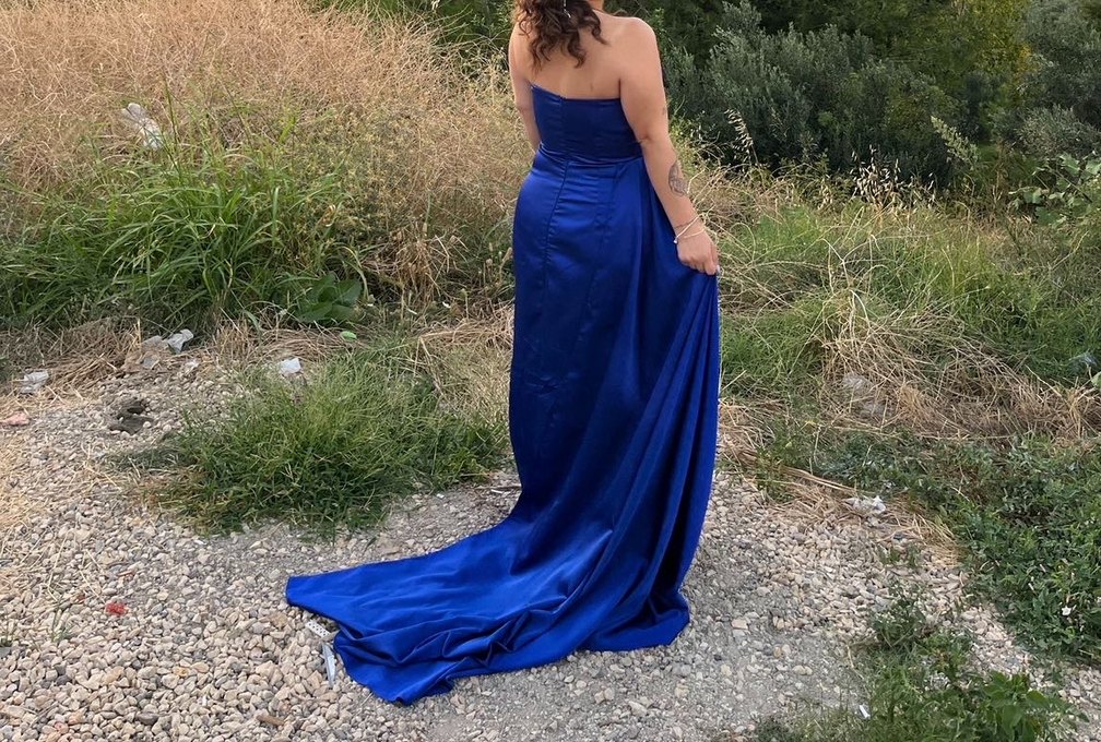 Mavi Straplez Drapeli Uzun Abiye Elbise - Görsel 2