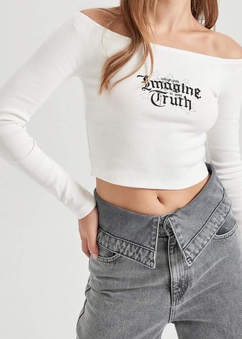 Fitted Açık Omuz Fitilli Kaşkorse Crop Bluz - Görsel 4