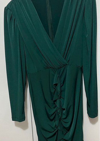 Yeşil V Yaka Vatkalı Kısa Elbise - Görsel 2