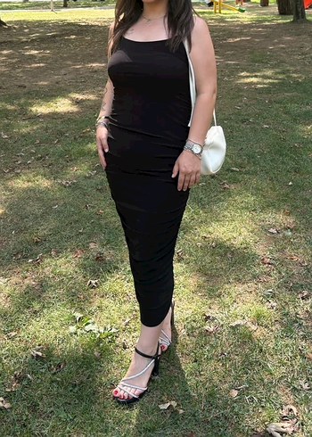 Siyah Askılı Drapeli Elbise - Görsel 2