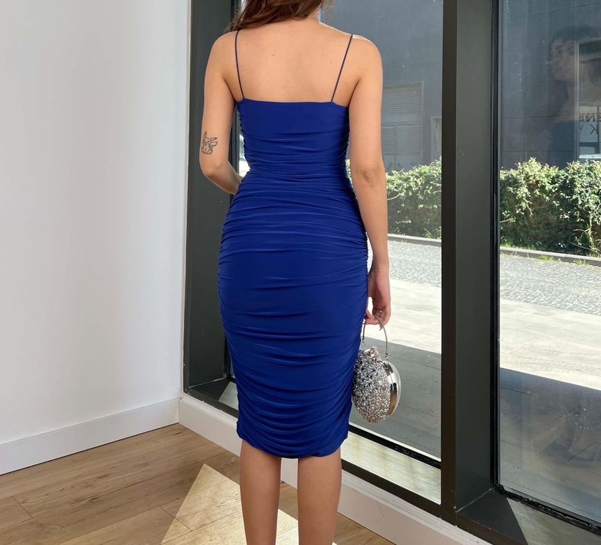 Mavi Drapeli Kalem Elbise - Görsel 4