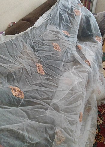 Nakışlı Bej Gri Tül Perde - Görsel 2