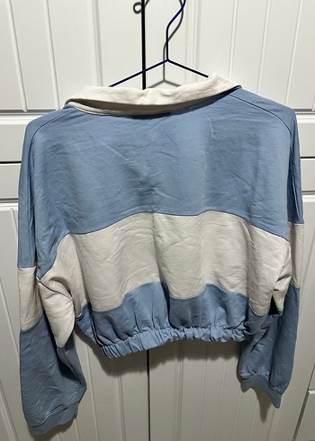 Mavi Beyaz Pamuklu Uzun Kollu Düğmeli Sweatshirt - Görsel 5