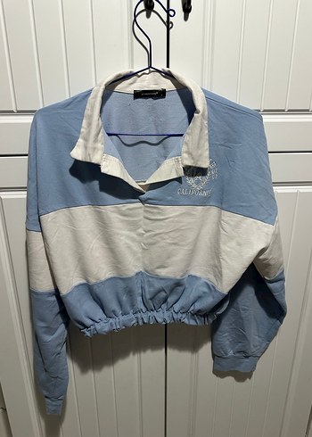 Mavi Beyaz Pamuklu Uzun Kollu Düğmeli Sweatshirt - Görsel 2