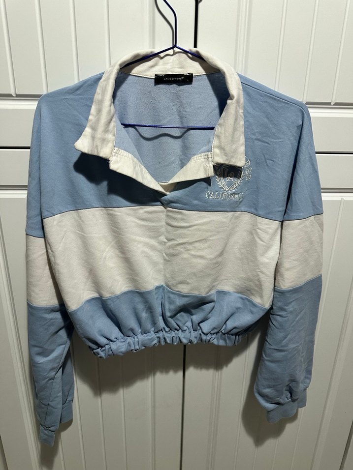 Mavi Beyaz Pamuklu Uzun Kollu Düğmeli Sweatshirt - Görsel 3