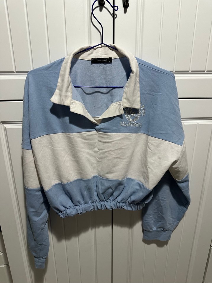 Mavi Beyaz Pamuklu Uzun Kollu Düğmeli Sweatshirt - Görsel 2