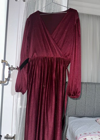 Bordo V Yaka Uzun Abiye Elbise - Görsel 5