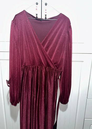 Bordo V Yaka Uzun Abiye Elbise - Görsel 3