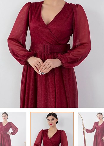 Bordo V Yaka Uzun Abiye Elbise - Görsel 2