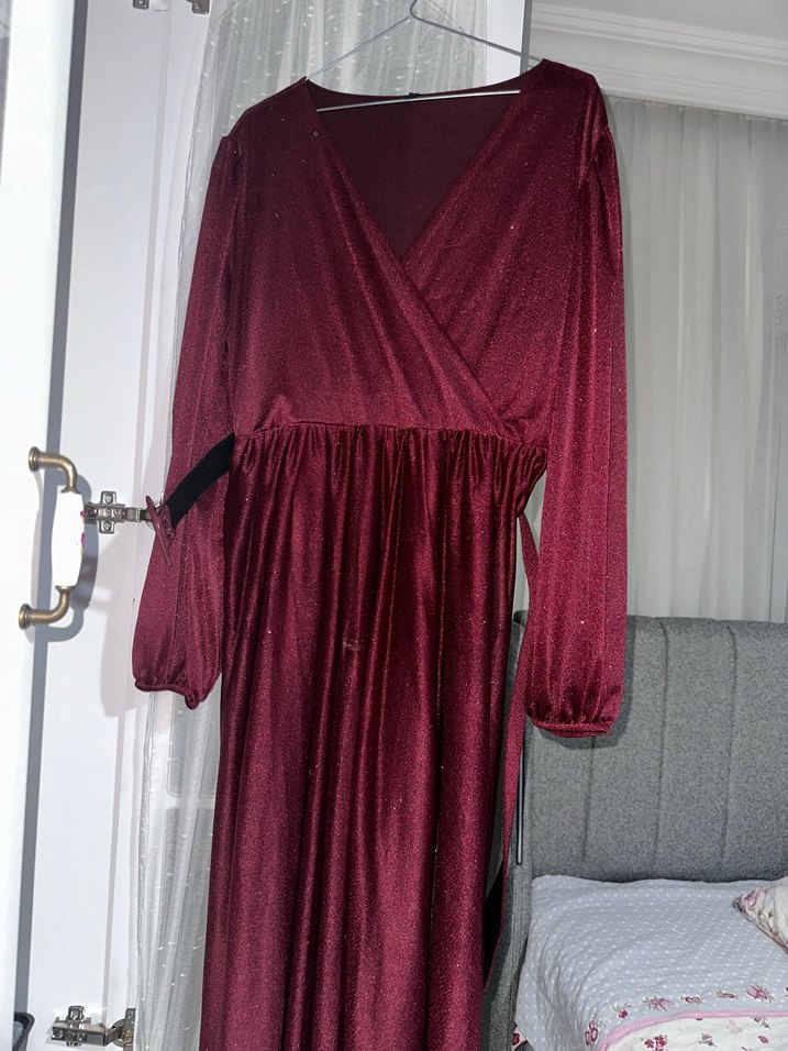 Bordo V Yaka Uzun Abiye Elbise - Görsel 5