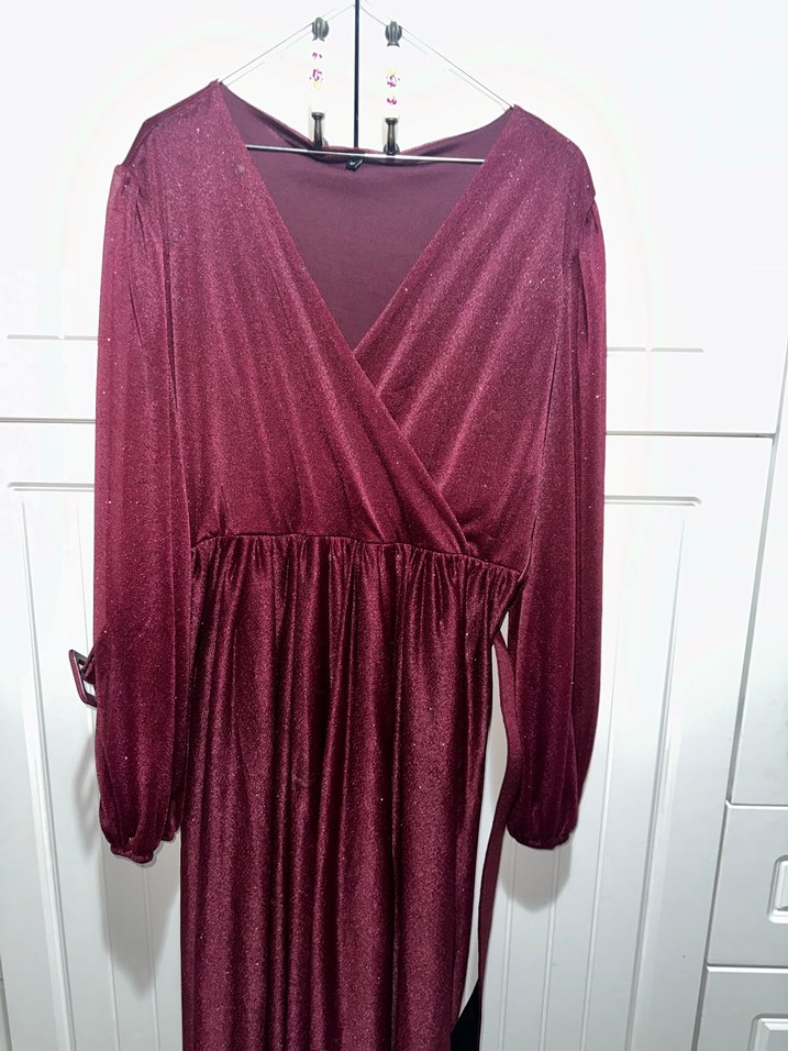 Bordo V Yaka Uzun Abiye Elbise - Görsel 3