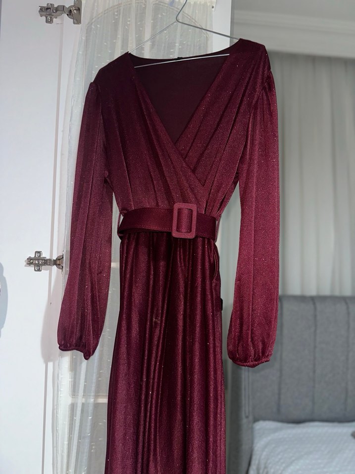 Bordo V Yaka Uzun Abiye Elbise - Görsel 4