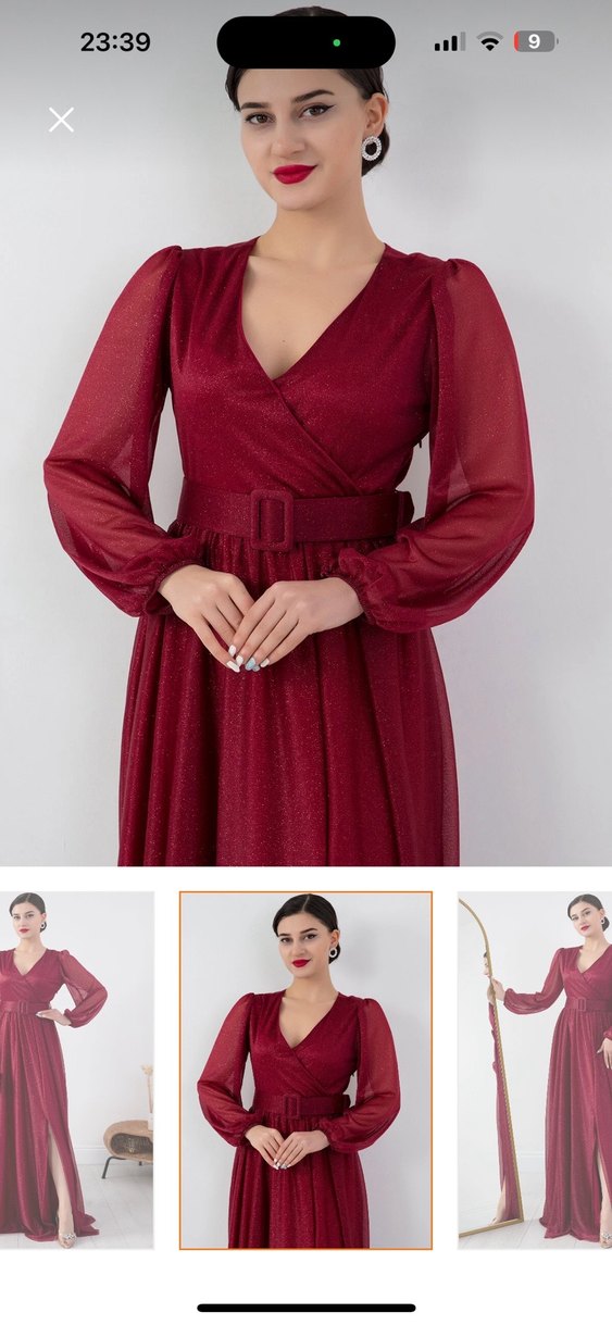 Bordo V Yaka Uzun Abiye Elbise - Görsel 2