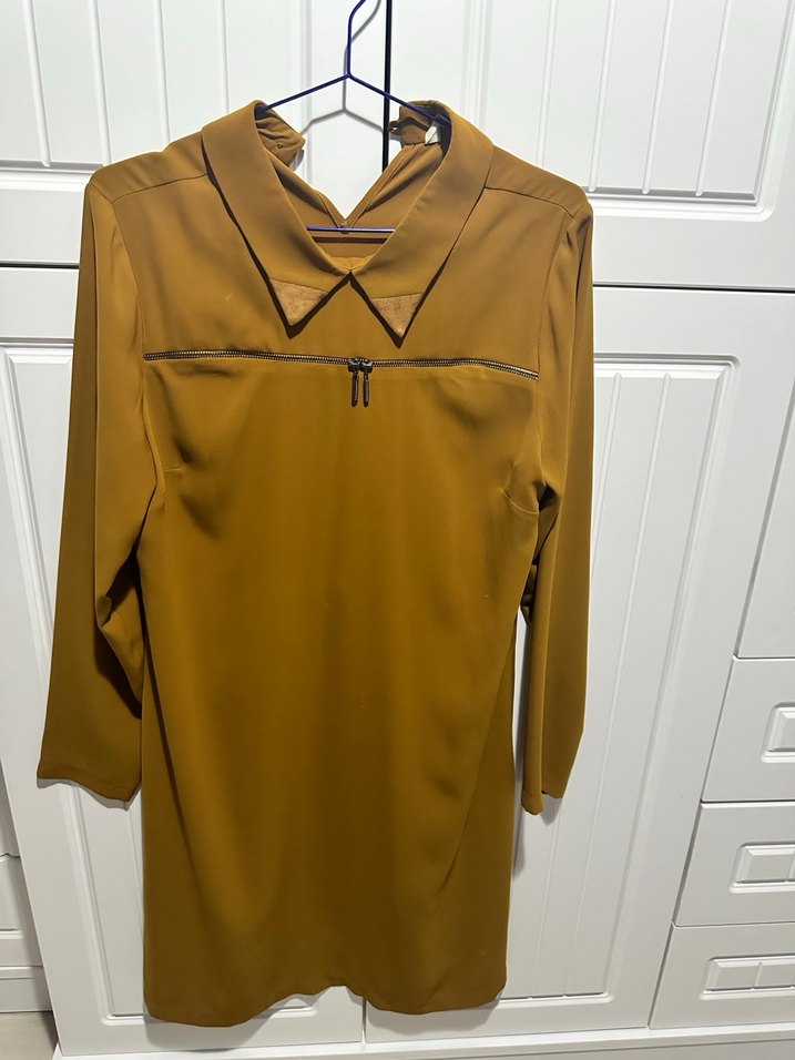 Bej Uzun Kollu Kadın Ofis Elbisesi - Görsel 2