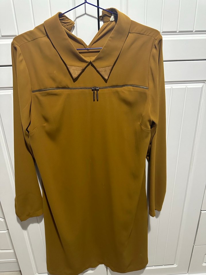 Bej Uzun Kollu Kadın Ofis Elbisesi - Görsel 3