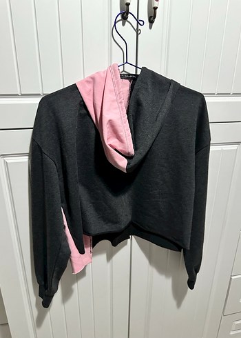 Gri Pembe Kapüşonlu Crop Sweatshirt - Görsel 5