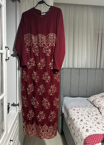 Bordo Nakışlı Dantel Detaylı Uzun Elbise - Görsel 4