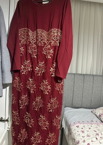 Bordo Nakışlı Dantel Detaylı Uzun Elbise - Görsel 5