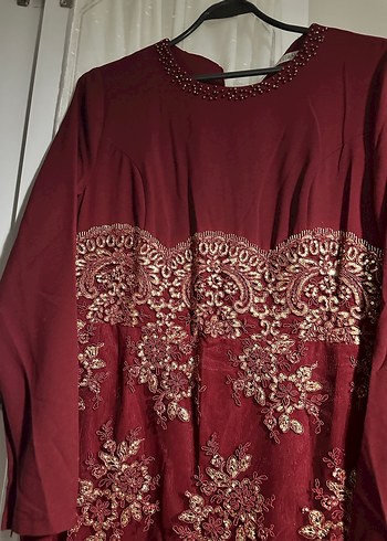 Bordo Nakışlı Dantel Detaylı Uzun Elbise - Görsel 2