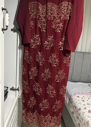 Bordo Nakışlı Dantel Detaylı Uzun Elbise - Görsel 6