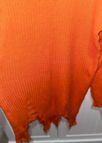Turuncu V Yaka Uzun Örgü Kadın Kazak - Görsel 6