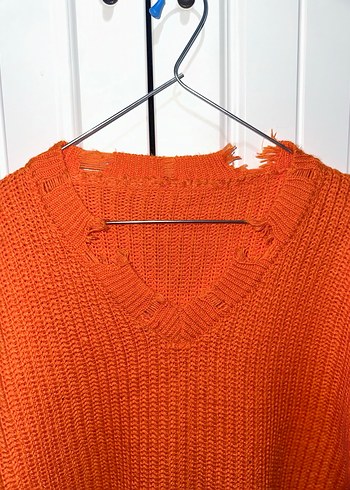 Turuncu V Yaka Uzun Örgü Kadın Kazak - Görsel 5