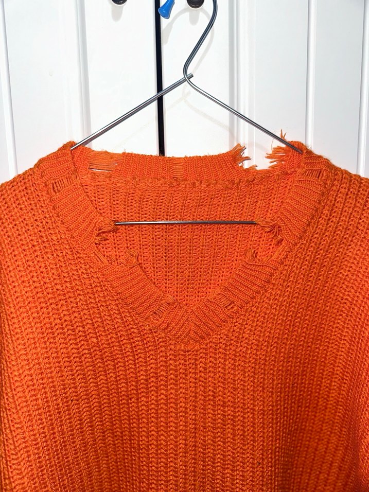 Turuncu V Yaka Uzun Örgü Kadın Kazak - Görsel 5