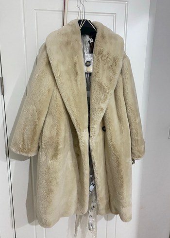 MANGO Bej Uzun Kadın Suni Kürk Kaban - Görsel 2