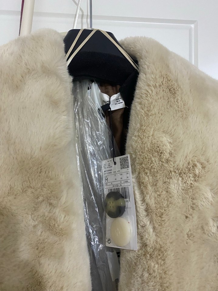 MANGO Bej Uzun Kadın Suni Kürk Kaban - Görsel 3