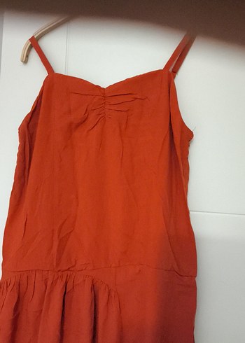 kiremit renkli Keten Uzun Salaş Askılı Elbise - Görsel 2