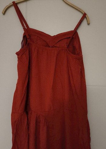 kiremit renkli Keten Uzun Salaş Askılı Elbise - Görsel 4