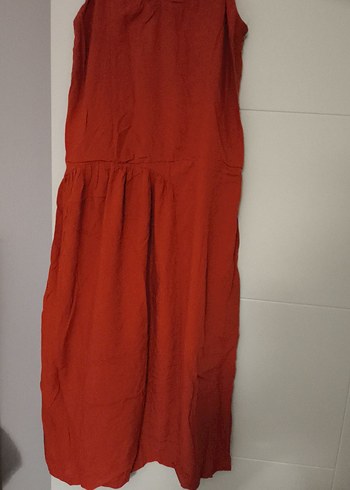 kiremit renkli Keten Uzun Salaş Askılı Elbise - Görsel 3