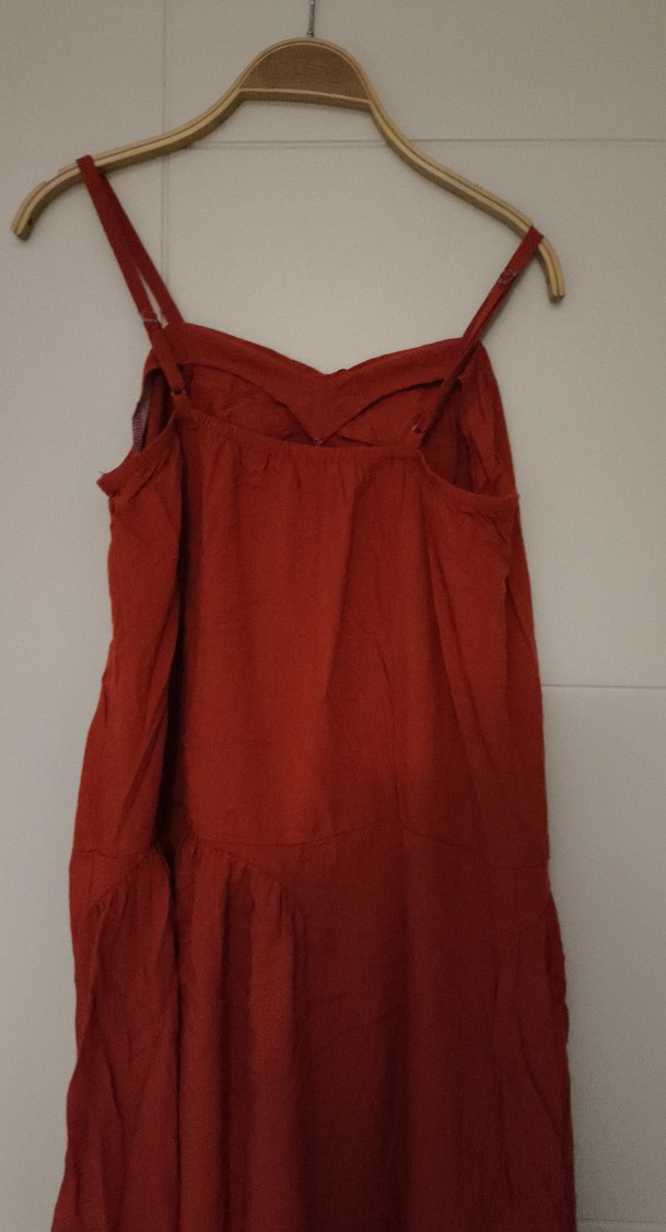 kiremit renkli Keten Uzun Salaş Askılı Elbise - Görsel 4