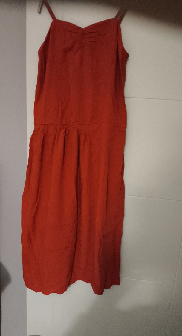 kiremit renkli Keten Uzun Salaş Askılı Elbise - Görsel 3