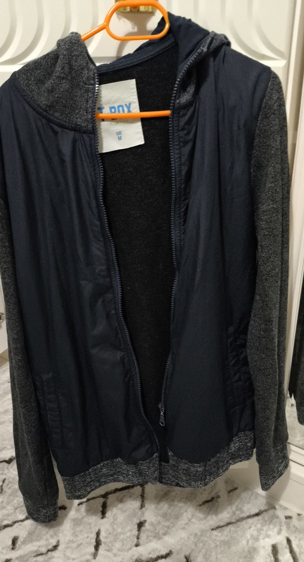 Gri kapşonlu Erkek Fermuarlı Ceket - Görsel 2