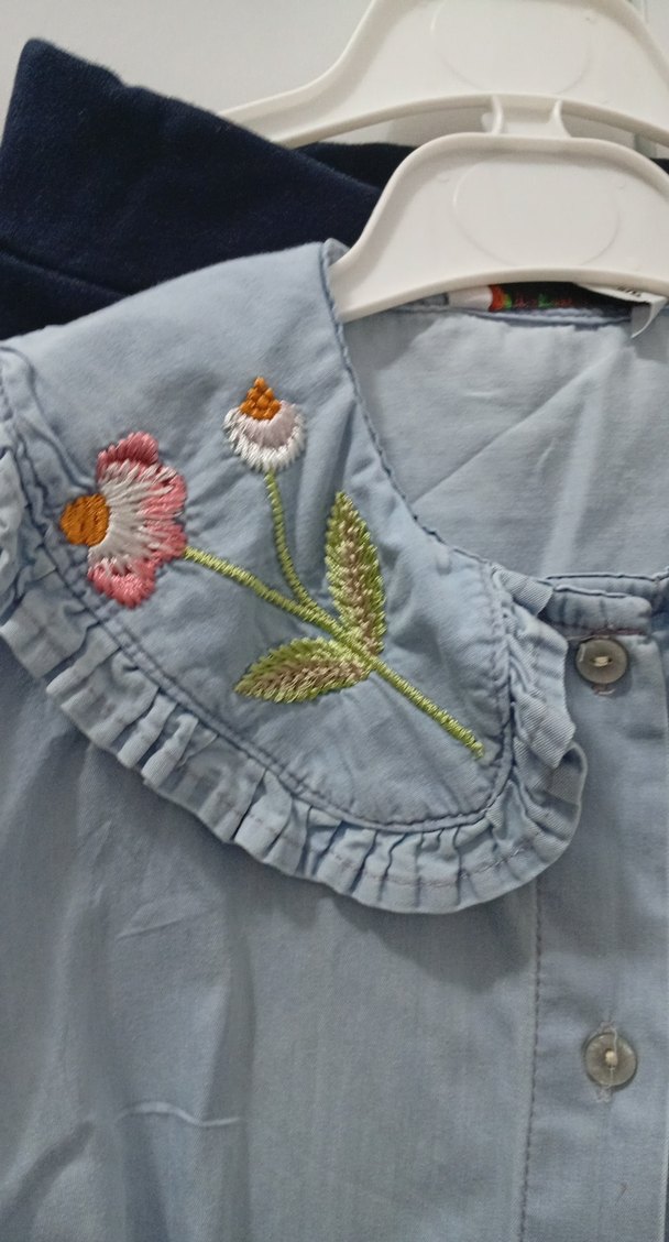 Nakışlı Yaka Detaylı Kız Denim Gömlek tayt takım - Görsel 2